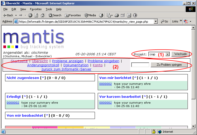 die personalisierte Übersicht von Mantis